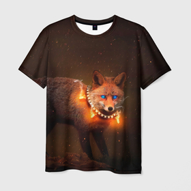 Мужская футболка 3D с принтом Лисица с гирляндой в Екатеринбурге, 100% полиэфир | прямой крой, круглый вырез горловины, длина до линии бедер | Тематика изображения на принте: fox | foxy | животное | звери | лиса | лисенок | лисичка | милая | рыжая | фокс