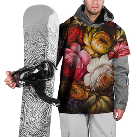 Накидка на куртку 3D с принтом Цветы на черном фоне в Екатеринбурге, 100% полиэстер |  | декоративная роспись | живопись | жостово | жостовская роспись | розы | цветы