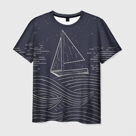 Мужская футболка 3D с принтом Одинокий корабль в море , 100% полиэфир | прямой крой, круглый вырез горловины, длина до линии бедер | alone | sailboat | ship | ships | волны | кораблик | корабль | лодка | ночь | одинокий | парус | парусная лодка