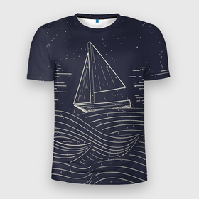 Мужская футболка 3D Slim с принтом Одинокий корабль в море в Екатеринбурге, 100% полиэстер с улучшенными характеристиками | приталенный силуэт, круглая горловина, широкие плечи, сужается к линии бедра | alone | sailboat | ship | ships | волны | кораблик | корабль | лодка | ночь | одинокий | парус | парусная лодка