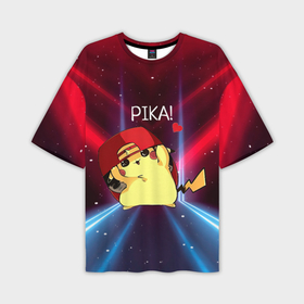 Мужская футболка oversize 3D с принтом Пикачу в бейсболке в Курске,  |  | anime | picachu | pikachu | аниме | милый | пика | пикачу | покебол | покемон