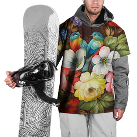 Накидка на куртку 3D с принтом Две птички и цветы в Новосибирске, 100% полиэстер |  | декоративная роспись | живопись | жостово | жостовская роспись | птицы | розы | цветы