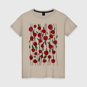 Женская футболка хлопок с принтом Гирлянды роз в Новосибирске, 100% хлопок | прямой крой, круглый вырез горловины, длина до линии бедер, слегка спущенное плечо | rose | графика | рисунок | роза | цветок