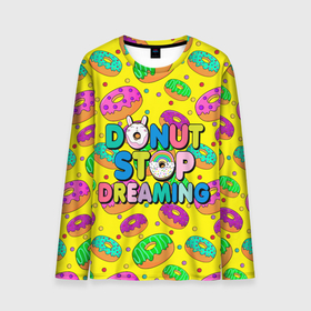 Мужской лонгслив 3D с принтом DONUTS в Петрозаводске, 100% полиэстер | длинные рукава, круглый вырез горловины, полуприлегающий силуэт | candys | children | donut | dreaming | food | rainbow | stop | вкусняшки | детские | еда | желтый | крем | мечты | надписи | пончики | сладости | текстуры