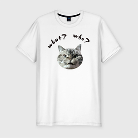Мужская футболка хлопок Slim с принтом Кот с вопросами в Курске, 92% хлопок, 8% лайкра | приталенный силуэт, круглый вырез ворота, длина до линии бедра, короткий рукав | вопросы | кот | кошка | кто | что