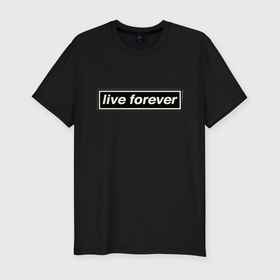 Мужская футболка хлопок Slim с принтом Oasis в Курске, 92% хлопок, 8% лайкра | приталенный силуэт, круглый вырез ворота, длина до линии бедра, короткий рукав | Тематика изображения на принте: live forever | oasis | жить вечно | музыка | оазис | рок