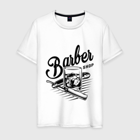Мужская футболка хлопок с принтом Barber shop в Санкт-Петербурге, 100% хлопок | прямой крой, круглый вырез горловины, длина до линии бедер, слегка спущенное плечо. | barber | барбер | бритва | виски | виски со льдом | для мужчин