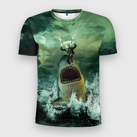 Мужская футболка 3D спортивная с принтом Shark Attack | Акула атакует , 100% полиэстер с улучшенными характеристиками | приталенный силуэт, круглая горловина, широкие плечи, сужается к линии бедра | attack | shark | акула | атака | парашютист | челюсти