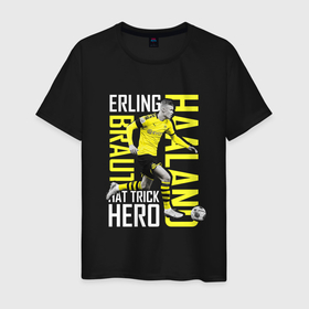 Мужская футболка хлопок с принтом Эрлинг Холанд в Тюмени, 100% хлопок | прямой крой, круглый вырез горловины, длина до линии бедер, слегка спущенное плечо. | erling haaland | боруссия | номер 9 | сборная норвегии | футбол | футболист | эрлинг холанд