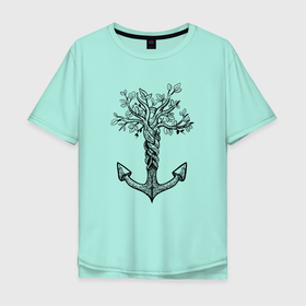 Мужская футболка хлопок Oversize с принтом Славянский якорь в виде дерева в Новосибирске, 100% хлопок | свободный крой, круглый ворот, “спинка” длиннее передней части | anchor | birch | russia | symbol | tree | берёза | берёзка | дерево | дерево жизни | деревянный якорь | из дерева | культура | оберег | россия | русь | священное дерево | символ мудрости | символ начал
