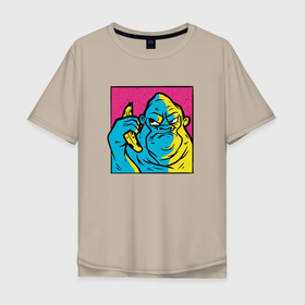 Мужская футболка хлопок Oversize с принтом Злая горилла с бананом в Петрозаводске, 100% хлопок | свободный крой, круглый ворот, “спинка” длиннее передней части | Тематика изображения на принте: banana | chimp | food | fruit | gorilla | harambe | retro | vintage | винтаж | гнилой банан | голубая горилла | горилла звонит по банану | еда | животные | мартышка | обезьяна | обезьяны | поп арт | примат | ретро | смартфон