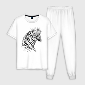 Мужская пижама хлопок с принтом Чёрно белый рисунок тигра в Екатеринбурге, 100% хлопок | брюки и футболка прямого кроя, без карманов, на брюках мягкая резинка на поясе и по низу штанин
 | Тематика изображения на принте: art | black and white | hunter | pantera | panthera | predator | russian tiger | tiger | амурский тигр | большая киса | большая кошка | иллюстрация | красная книга | охотник | пантера | полосатый тигр | русский тигр | рык