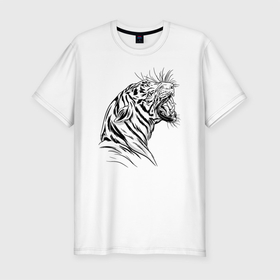 Мужская футболка хлопок Slim с принтом Чёрно белый рисунок тигра в Санкт-Петербурге, 92% хлопок, 8% лайкра | приталенный силуэт, круглый вырез ворота, длина до линии бедра, короткий рукав | art | black and white | hunter | pantera | panthera | predator | russian tiger | tiger | амурский тигр | большая киса | большая кошка | иллюстрация | красная книга | охотник | пантера | полосатый тигр | русский тигр | рык