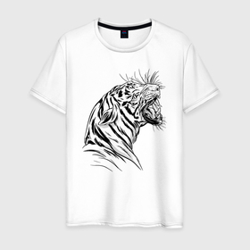 Мужская футболка хлопок с принтом Чёрно белый рисунок тигра , 100% хлопок | прямой крой, круглый вырез горловины, длина до линии бедер, слегка спущенное плечо. | art | black and white | hunter | pantera | panthera | predator | russian tiger | tiger | амурский тигр | большая киса | большая кошка | иллюстрация | красная книга | охотник | пантера | полосатый тигр | русский тигр | рык