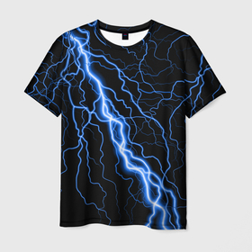 Мужская футболка 3D с принтом ГОЛУБАЯ МОЛНИЯ  ГРОЗА в Тюмени, 100% полиэфир | прямой крой, круглый вырез горловины, длина до линии бедер | neon | tegunvteg | гремит | гроза | молния | небо | неон | ночь | сверкает