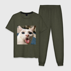 Мужская пижама хлопок с принтом Мем про кота в Екатеринбурге, 100% хлопок | брюки и футболка прямого кроя, без карманов, на брюках мягкая резинка на поясе и по низу штанин
 | белый киса | кашель | кот | мем | мерзость | милый | прикол | эмоции