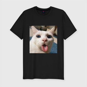 Мужская футболка хлопок Slim с принтом Мем про кота в Новосибирске, 92% хлопок, 8% лайкра | приталенный силуэт, круглый вырез ворота, длина до линии бедра, короткий рукав | белый киса | кашель | кот | мем | мерзость | милый | прикол | эмоции
