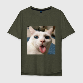 Мужская футболка хлопок Oversize с принтом Мем про кота в Санкт-Петербурге, 100% хлопок | свободный крой, круглый ворот, “спинка” длиннее передней части | белый киса | кашель | кот | мем | мерзость | милый | прикол | эмоции