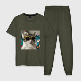 Мужская пижама хлопок с принтом Мем про кота в Кировске, 100% хлопок | брюки и футболка прямого кроя, без карманов, на брюках мягкая резинка на поясе и по низу штанин
 | в очках | киса селфи | кот | мем | милый | прикол
