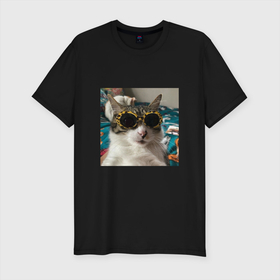 Мужская футболка хлопок Slim с принтом Мем про кота в Новосибирске, 92% хлопок, 8% лайкра | приталенный силуэт, круглый вырез ворота, длина до линии бедра, короткий рукав | в очках | киса селфи | кот | мем | милый | прикол