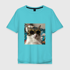 Мужская футболка хлопок Oversize с принтом Мем про кота в Кировске, 100% хлопок | свободный крой, круглый ворот, “спинка” длиннее передней части | в очках | киса селфи | кот | мем | милый | прикол