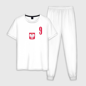 Мужская пижама хлопок с принтом Lewandowski 9 в Тюмени, 100% хлопок | брюки и футболка прямого кроя, без карманов, на брюках мягкая резинка на поясе и по низу штанин
 | Тематика изображения на принте: football | польша | польша футбол | футбол | футбольный клуб | футбольшый клуб польши