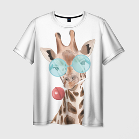 Мужская футболка 3D с принтом Жираф в очках в Тюмени, 100% полиэфир | прямой крой, круглый вырез горловины, длина до линии бедер | животные | жираф | звери | конфета | очки | чупа чупс