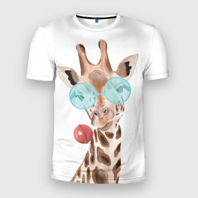 Мужская футболка 3D спортивная с принтом Жираф в очках в Курске, 100% полиэстер с улучшенными характеристиками | приталенный силуэт, круглая горловина, широкие плечи, сужается к линии бедра | животные | жираф | звери | конфета | очки | чупа чупс