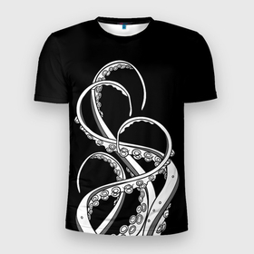 Мужская футболка 3D спортивная с принтом Octopus Black and White в Новосибирске, 100% полиэстер с улучшенными характеристиками | приталенный силуэт, круглая горловина, широкие плечи, сужается к линии бедра | fish | kraken | ocean spirit | octopus | sea | summer | вода | водный мир | животные | зверь | кальмар | кракен | лето | монстр | море | морская живность | морские обитатели | осьминог | отпуск | рыба | черно белый | чуд