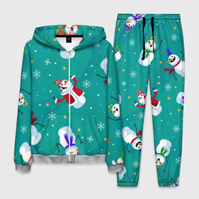 Мужской костюм 3D с принтом РазНые Снеговики в Тюмени, 100% полиэстер | Манжеты и пояс оформлены тканевой резинкой, двухслойный капюшон со шнурком для регулировки, карманы спереди | Тематика изображения на принте: зима | новый год | разное | снеговики | снежинки