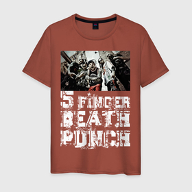 Мужская футболка хлопок с принтом Five Finger Death Punch в Санкт-Петербурге, 100% хлопок | прямой крой, круглый вырез горловины, длина до линии бедер, слегка спущенное плечо. | groove metal | group | rock | грув металл | группа | рок