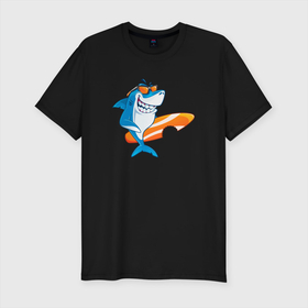 Мужская футболка хлопок Slim с принтом Акула серфер в Екатеринбурге, 92% хлопок, 8% лайкра | приталенный силуэт, круглый вырез ворота, длина до линии бедра, короткий рукав | Тематика изображения на принте: shark | акула | акулы | жители | клыки | море | морские | океан | рыба
