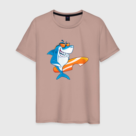 Мужская футболка хлопок с принтом Акула серфер в Екатеринбурге, 100% хлопок | прямой крой, круглый вырез горловины, длина до линии бедер, слегка спущенное плечо. | shark | акула | акулы | жители | клыки | море | морские | океан | рыба