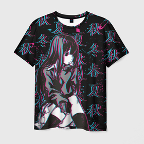 Мужская футболка 3D с принтом Sad Anime Girl в Курске, 100% полиэфир | прямой крой, круглый вырез горловины, длина до линии бедер | anime | chan | girl | glitch | hieroglyph | seasons | waifu | аниме | вайфу | времена | глитч | года | иероглиф | тян