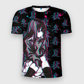 Мужская футболка 3D Slim с принтом Sad Anime Girl в Новосибирске, 100% полиэстер с улучшенными характеристиками | приталенный силуэт, круглая горловина, широкие плечи, сужается к линии бедра | anime | chan | girl | glitch | hieroglyph | seasons | waifu | аниме | вайфу | времена | глитч | года | иероглиф | тян