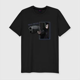 Мужская футболка хлопок Slim с принтом Риэл Мэйер (Эрго Прокси) в Новосибирске, 92% хлопок, 8% лайкра | приталенный силуэт, круглый вырез ворота, длина до линии бедра, короткий рукав | ergo proxy | аниме | надпись | пистолет | риэл мэйер | черные волосы
