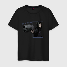 Мужская футболка хлопок с принтом Риэл Мэйер (Эрго Прокси) в Екатеринбурге, 100% хлопок | прямой крой, круглый вырез горловины, длина до линии бедер, слегка спущенное плечо. | ergo proxy | аниме | надпись | пистолет | риэл мэйер | черные волосы