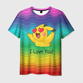 Мужская футболка 3D с принтом Влюбленный пикачу в Курске, 100% полиэфир | прямой крой, круглый вырез горловины, длина до линии бедер | anime | picachu | pikachu | аниме | милый | пика | пикачу | покебол | покемон