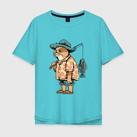 Мужская футболка хлопок Oversize с принтом Кот рыбак в Курске, 100% хлопок | свободный крой, круглый ворот, “спинка” длиннее передней части | fish | кот | море | морские | рыба | рыбак | рыбалка | рыбки | рыбы