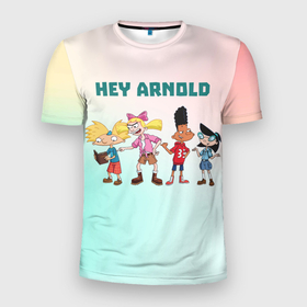 Мужская футболка 3D Slim с принтом Hey Arnold в Курске, 100% полиэстер с улучшенными характеристиками | приталенный силуэт, круглая горловина, широкие плечи, сужается к линии бедра | Тематика изображения на принте: арнольд | арт | графика | дети | мультфильмы
