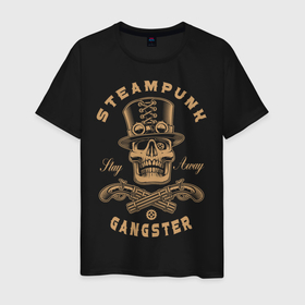 Мужская футболка хлопок с принтом Steampunk Gangster в Белгороде, 100% хлопок | прямой крой, круглый вырез горловины, длина до линии бедер, слегка спущенное плечо. | art | gangster | hat | inscription | pistols | skull | steampunk | weapons | арт | гангстер | надпись | оружие | пистолеты | стимпанк | череп | шляпа