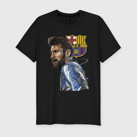 Мужская футболка хлопок Slim с принтом Lionel Messi   Barcelona   Argentina   Striker в Курске, 92% хлопок, 8% лайкра | приталенный силуэт, круглый вырез ворота, длина до линии бедра, короткий рукав | Тематика изображения на принте: barcelona | football | forward | messi | star | барселона | звезда | месси | нападающий | форвард | футбол