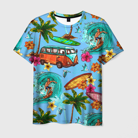 Мужская футболка 3D с принтом Пальмы волны серфинг в Петрозаводске, 100% полиэфир | прямой крой, круглый вырез горловины, длина до линии бедер | Тематика изображения на принте: beach | club | palm | party | sea | summer | tropical | волна | волны | жара | летние | лето | море | очки | пальмы | пляж | серф | серфинг | тропический
