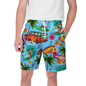 Мужские шорты 3D с принтом Пальмы волны серфинг ,  полиэстер 100% | прямой крой, два кармана без застежек по бокам. Мягкая трикотажная резинка на поясе, внутри которой широкие завязки. Длина чуть выше колен | beach | club | palm | party | sea | summer | tropical | волна | волны | жара | летние | лето | море | очки | пальмы | пляж | серф | серфинг | тропический