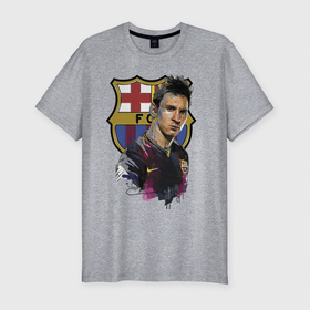 Мужская футболка хлопок Slim с принтом Lionel Messi, Barcelona в Тюмени, 92% хлопок, 8% лайкра | приталенный силуэт, круглый вырез ворота, длина до линии бедра, короткий рукав | barcelona | football | forward | messi | star | барселона | звезда | месси | нападающий | форвард | футбол