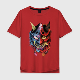 Мужская футболка хлопок Oversize с принтом Два лица в Новосибирске, 100% хлопок | свободный крой, круглый ворот, “спинка” длиннее передней части | арт | воин | двойная маска | демон | ёкай | китай | лицо | лицо демона | маска | рисунок | рога | самурай | япония