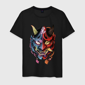 Мужская футболка хлопок с принтом Два лица в Санкт-Петербурге, 100% хлопок | прямой крой, круглый вырез горловины, длина до линии бедер, слегка спущенное плечо. | арт | воин | двойная маска | демон | ёкай | китай | лицо | лицо демона | маска | рисунок | рога | самурай | япония
