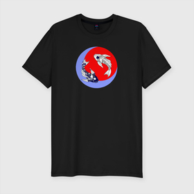 Мужская футболка хлопок Slim с принтом Рыбки Кои в Тюмени, 92% хлопок, 8% лайкра | приталенный силуэт, круглый вырез ворота, длина до линии бедра, короткий рукав | инь янь | карпы | кои | луна | рыбки кои | рыбы | солнце