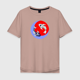 Мужская футболка хлопок Oversize с принтом Рыбки Кои в Санкт-Петербурге, 100% хлопок | свободный крой, круглый ворот, “спинка” длиннее передней части | Тематика изображения на принте: инь янь | карпы | кои | луна | рыбки кои | рыбы | солнце