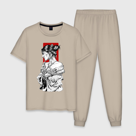Мужская пижама хлопок с принтом Шибари в Курске, 100% хлопок | брюки и футболка прямого кроя, без карманов, на брюках мягкая резинка на поясе и по низу штанин
 | арт | верёвка | девушка | кимано | рисунок | связывание | черно белый | чёрно белый рисунок | шибаре